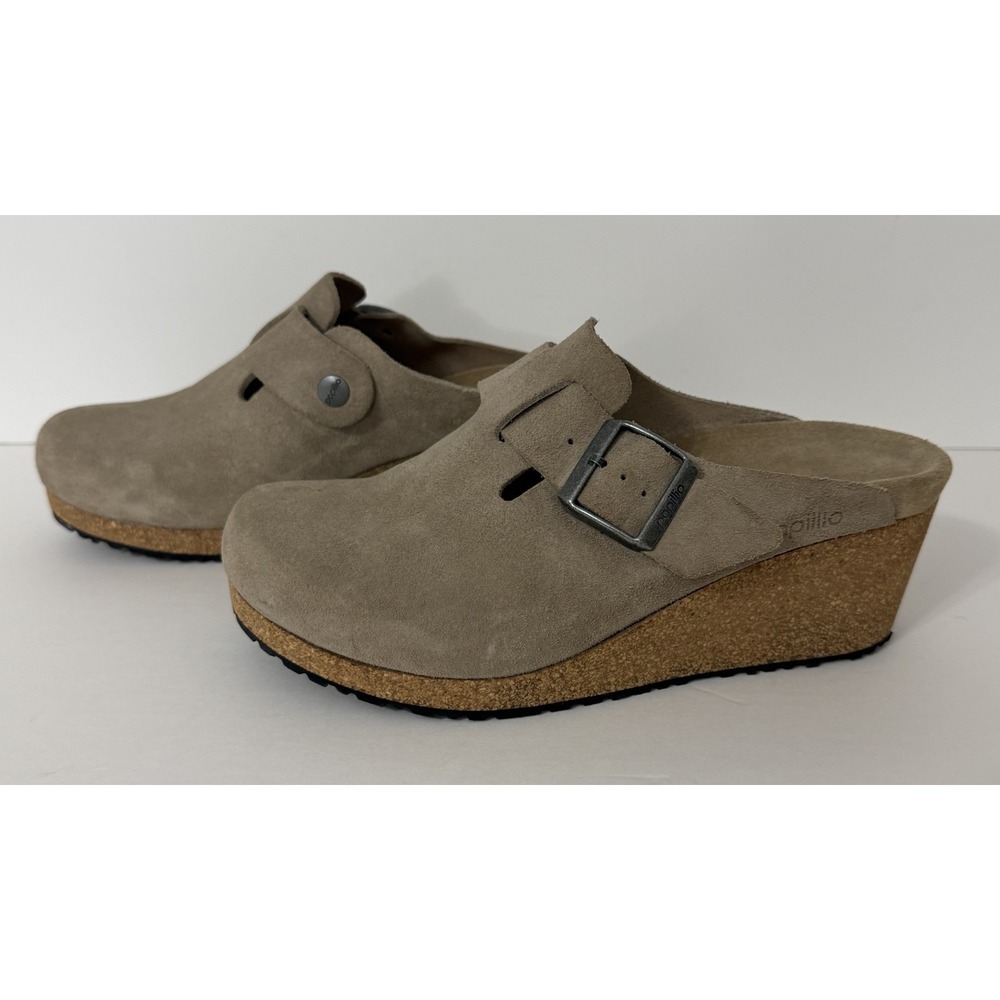 Birkenstock Papillio Fanny Suede Cork Wedge Clogs Tan Size 39 Women's 8 ~ NWOB